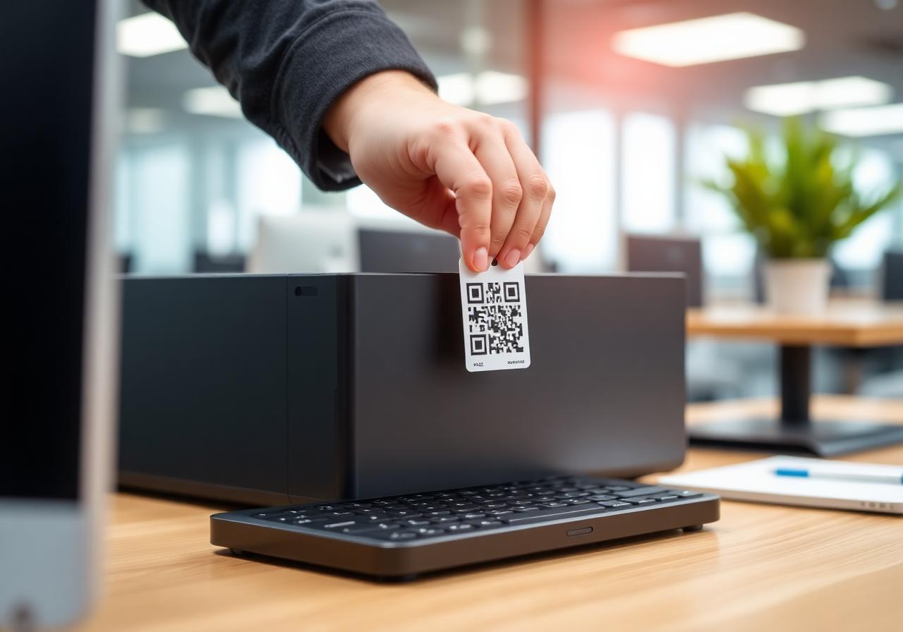 Aplicação de etiqueta patrimonial com QR Code em equipamento corporativo